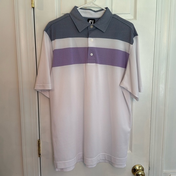 Men’s FootJoy Purple Navy White‎ Stripe Golf Short Sleeve Polo Size Medium - Picture 2 of 12